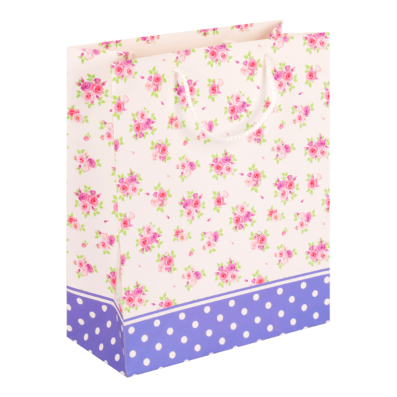 Bunte Geschenktüte aus Papier mit Rosenblüten-Aufdruck