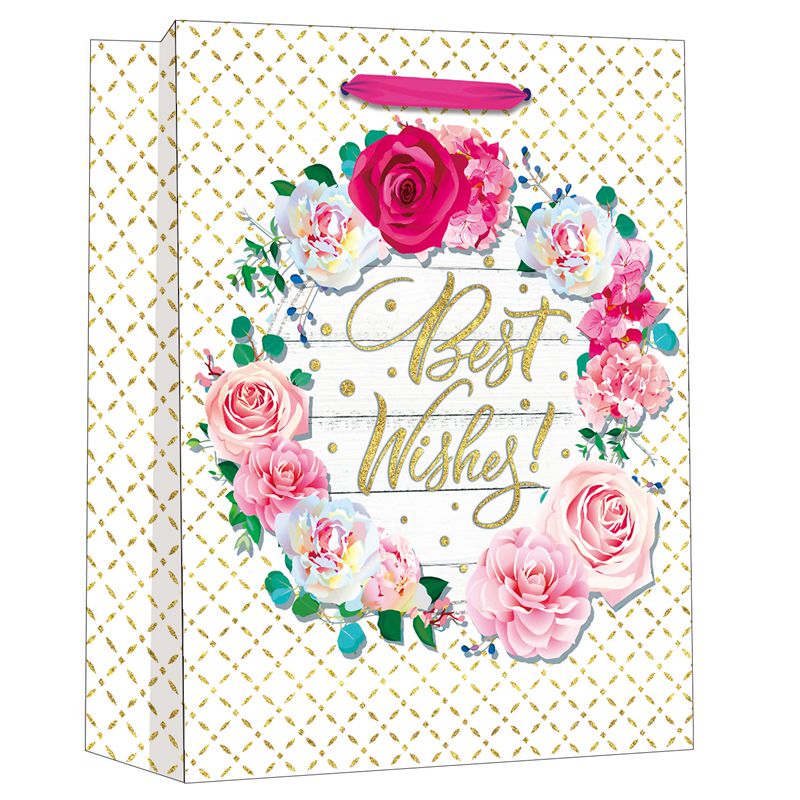 Fabrikbedruckte Geschenktüten aus Papier mit Blumenkranz und „Best Wishes“.