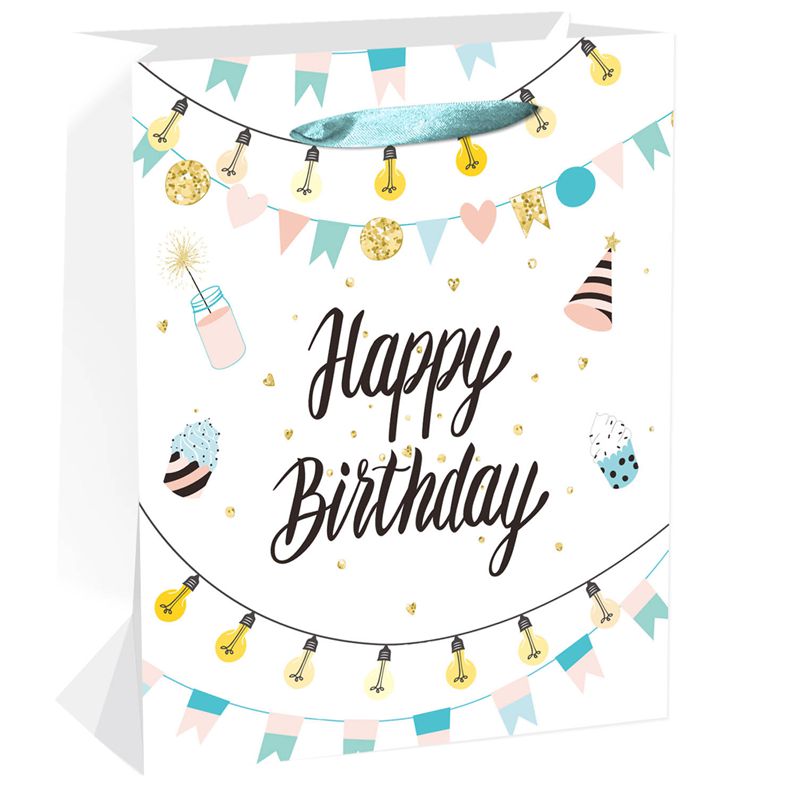 Individuell bedruckte Papiertüten für Partys mit dem Motto „Alles Gute zum Geburtstag“.